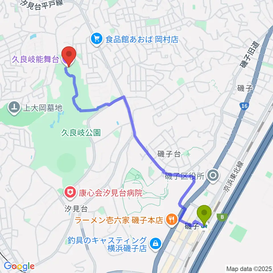 磯子駅から久良岐能舞台へのルートマップ地図