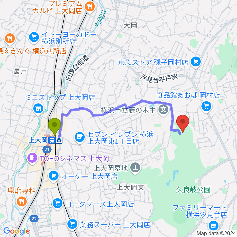 久良岐能舞台の最寄駅上大岡駅からの徒歩ルート（約17分）地図