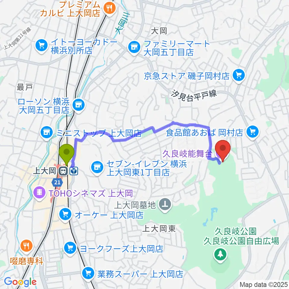 久良岐能舞台の最寄駅上大岡駅からの徒歩ルート（約17分）地図