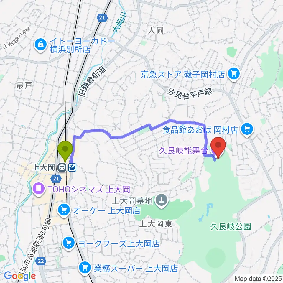 久良岐能舞台の最寄駅上大岡駅からの徒歩ルート（約17分）地図