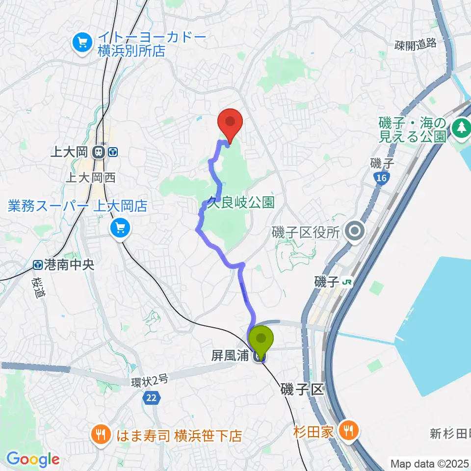 屏風浦駅から久良岐能舞台へのルートマップ地図