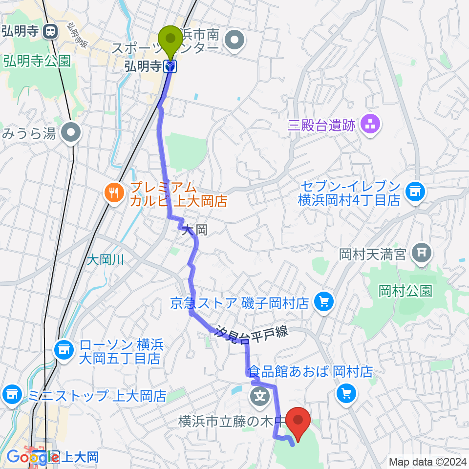 弘明寺駅から久良岐能舞台へのルートマップ地図