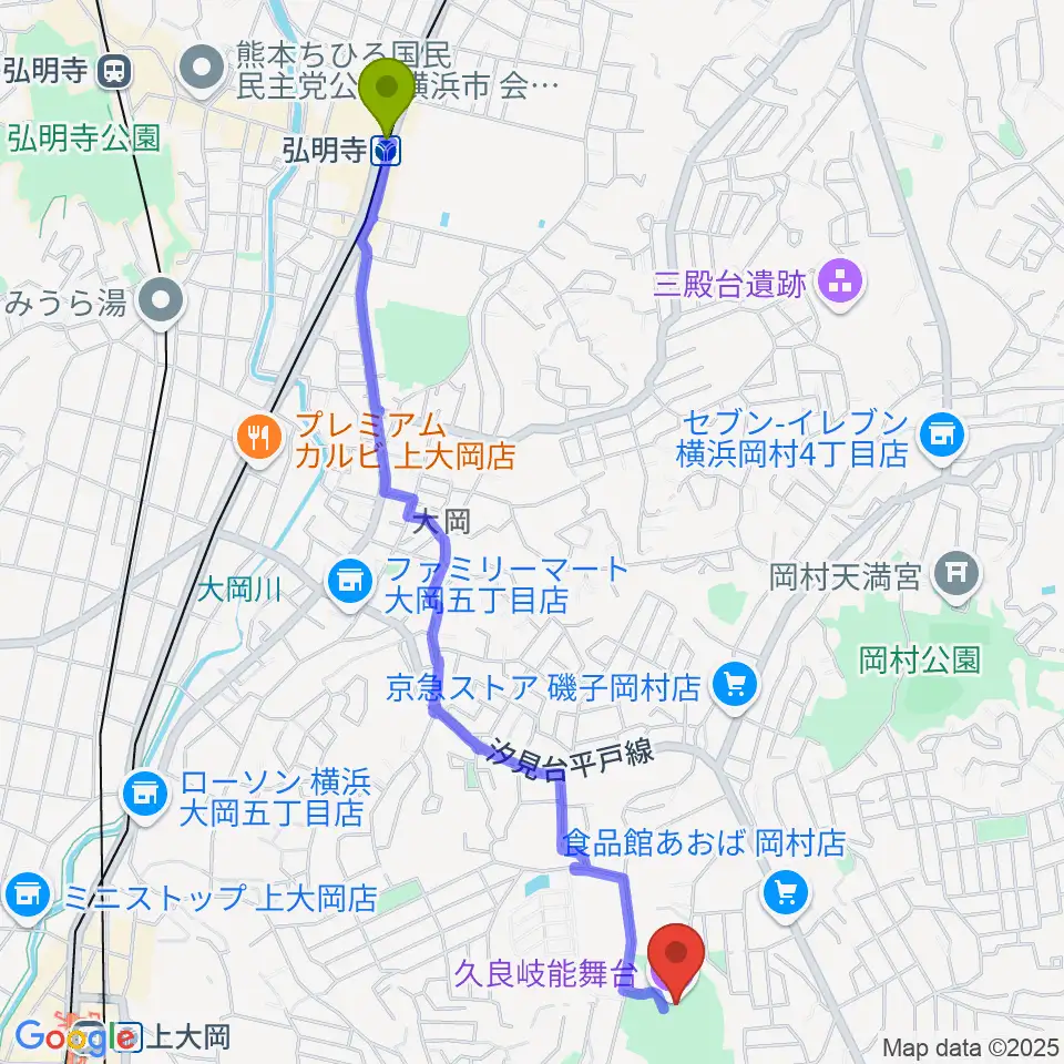 弘明寺駅から久良岐能舞台へのルートマップ地図