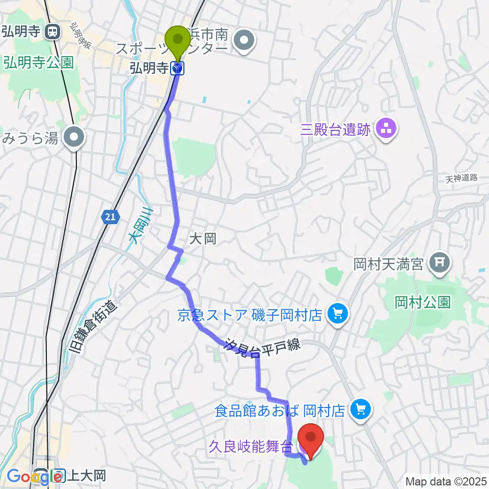 弘明寺駅から久良岐能舞台へのルートマップ地図