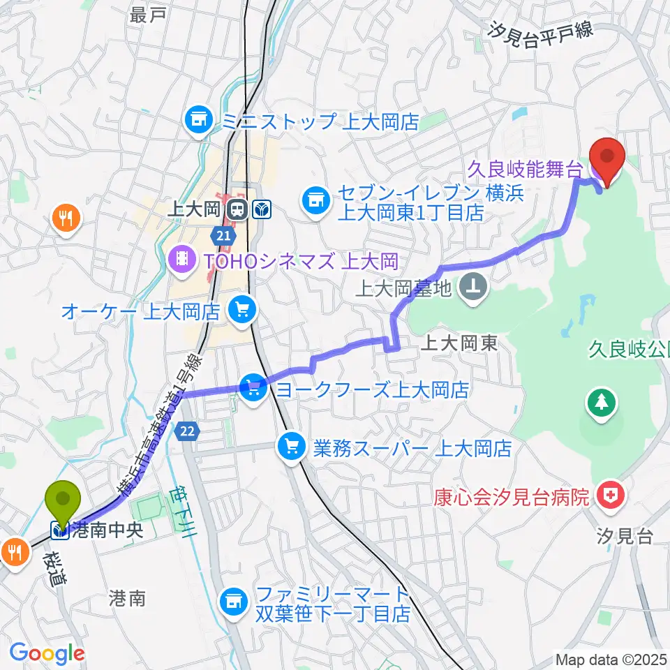 港南中央駅から久良岐能舞台へのルートマップ地図