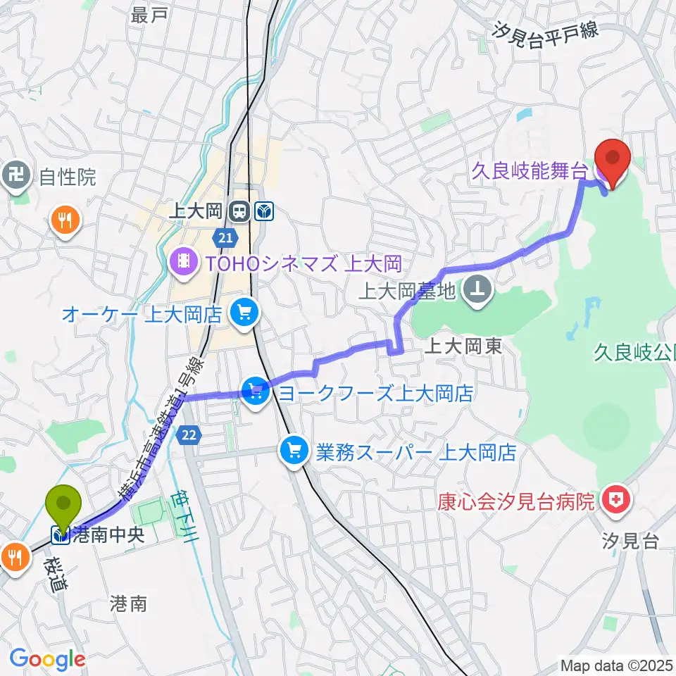 港南中央駅から久良岐能舞台へのルートマップ地図