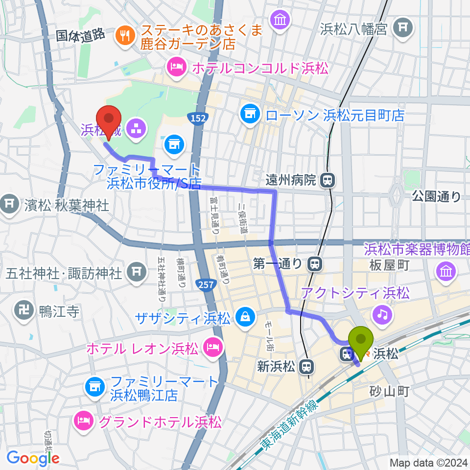 浜松駅から浜松市美術館へのルートマップ Mdata