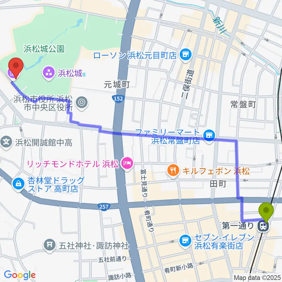 第一通り駅から浜松市美術館へのルートマップ地図