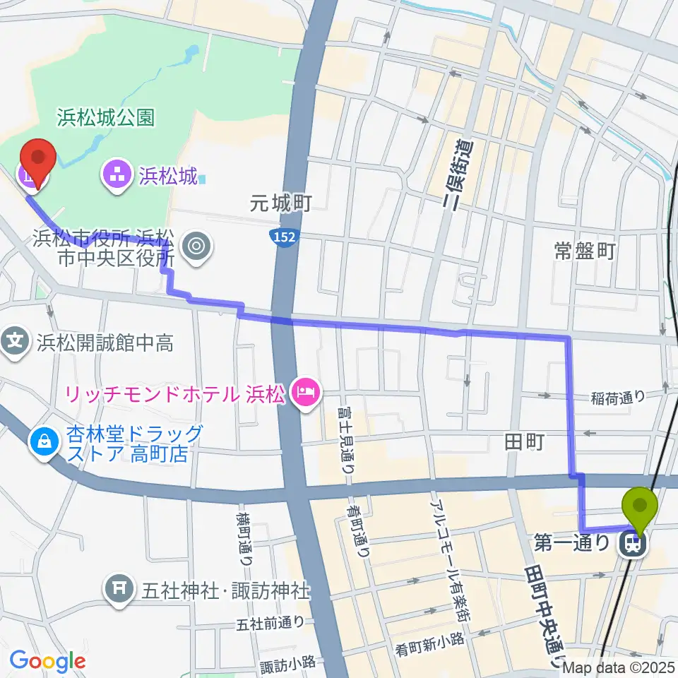 第一通り駅から浜松市美術館へのルートマップ地図