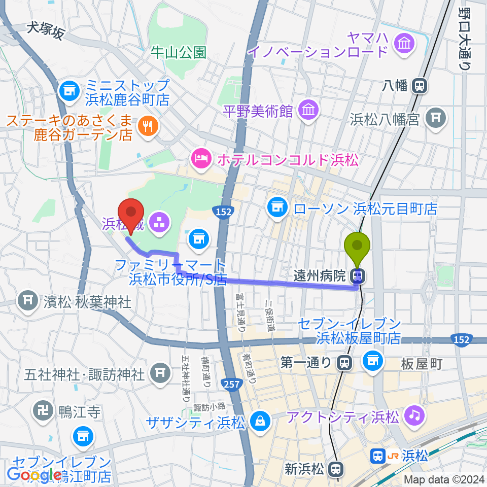 浜松市美術館の最寄駅遠州病院駅からの徒歩ルート（約15分）地図