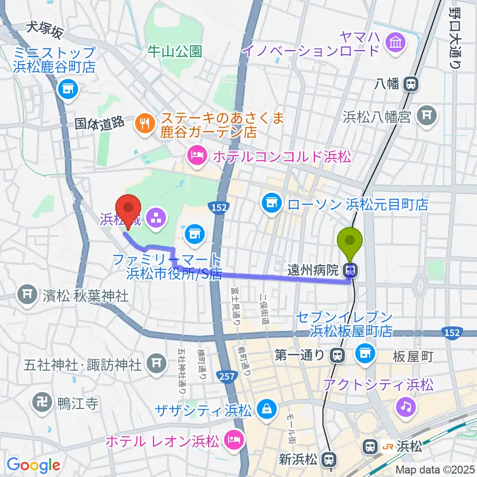 浜松市美術館の最寄駅遠州病院駅からの徒歩ルート（約15分）地図