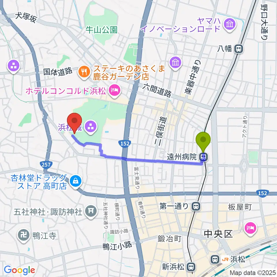 浜松市美術館の最寄駅遠州病院駅からの徒歩ルート（約15分）地図