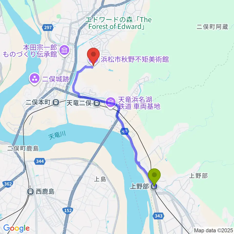 上野部駅から浜松市秋野不矩美術館へのルートマップ地図