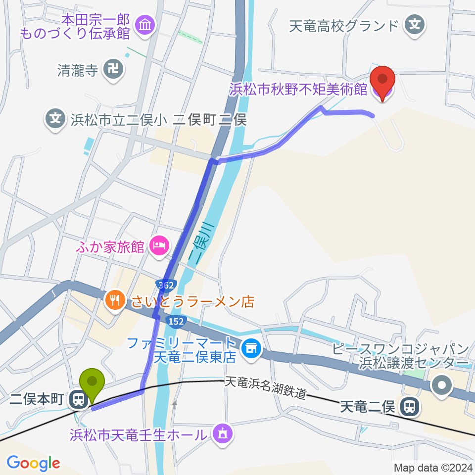 二俣本町駅から浜松市秋野不矩美術館へのルートマップ地図