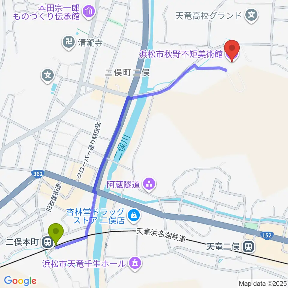 二俣本町駅から浜松市秋野不矩美術館へのルートマップ地図