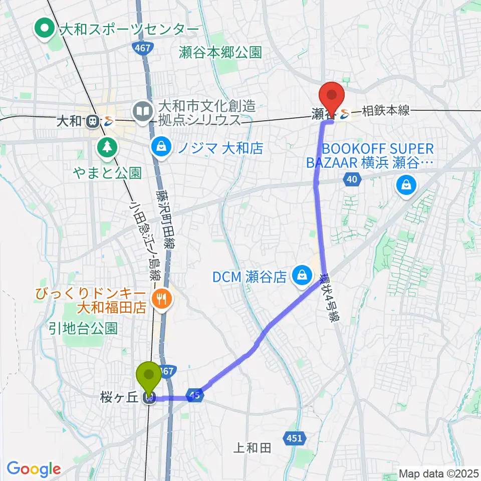 桜ヶ丘駅から瀬谷区民文化センターあじさいプラザへのルートマップ地図