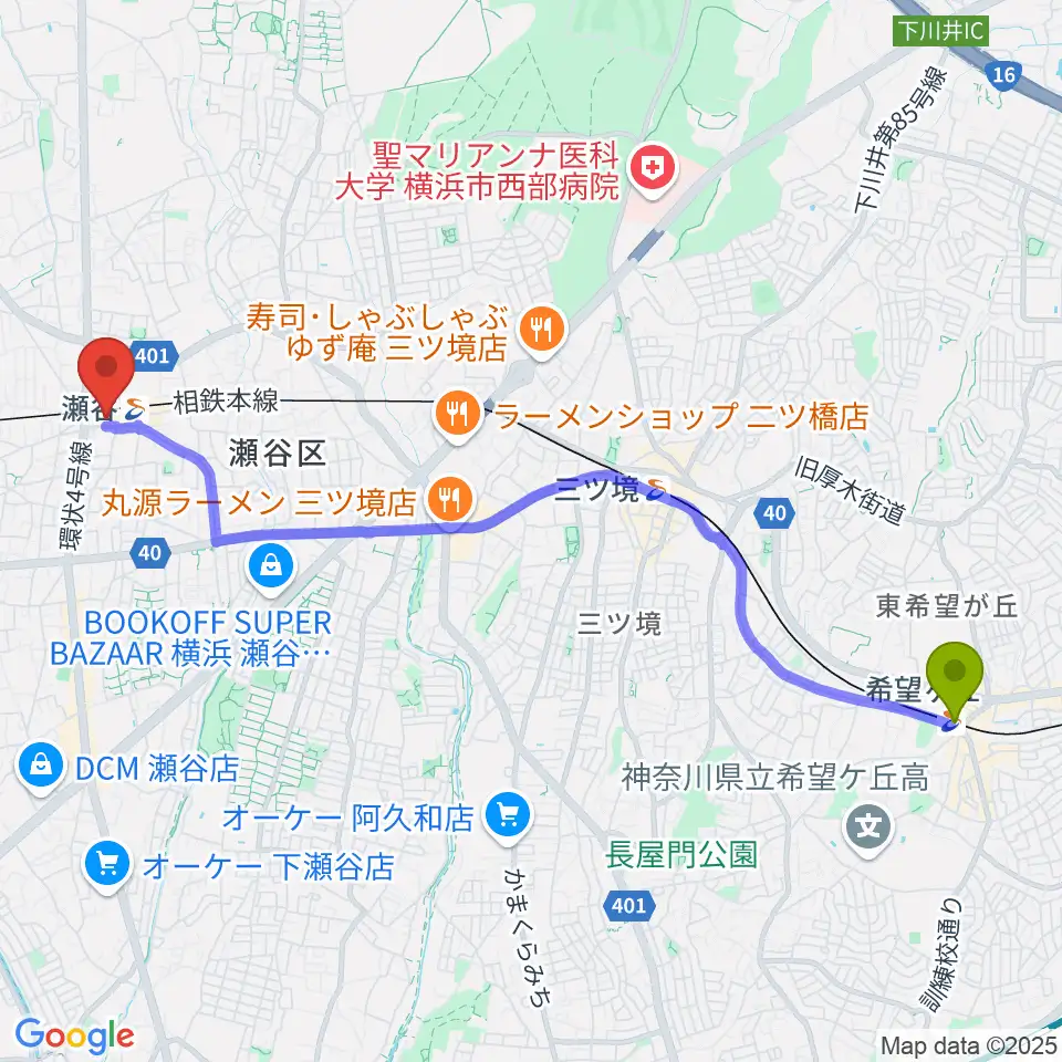 希望ヶ丘駅から瀬谷区民文化センターあじさいプラザへのルートマップ地図