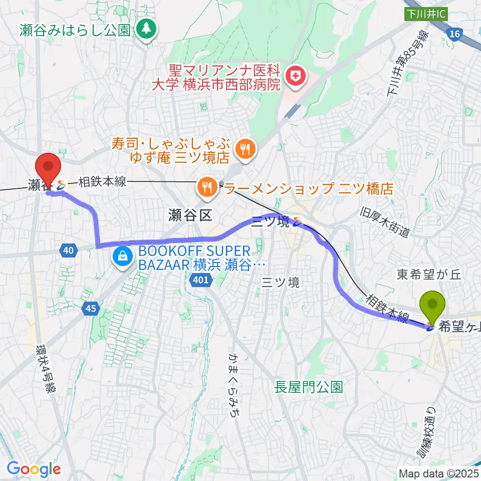 希望ヶ丘駅から瀬谷区民文化センターあじさいプラザへのルートマップ地図