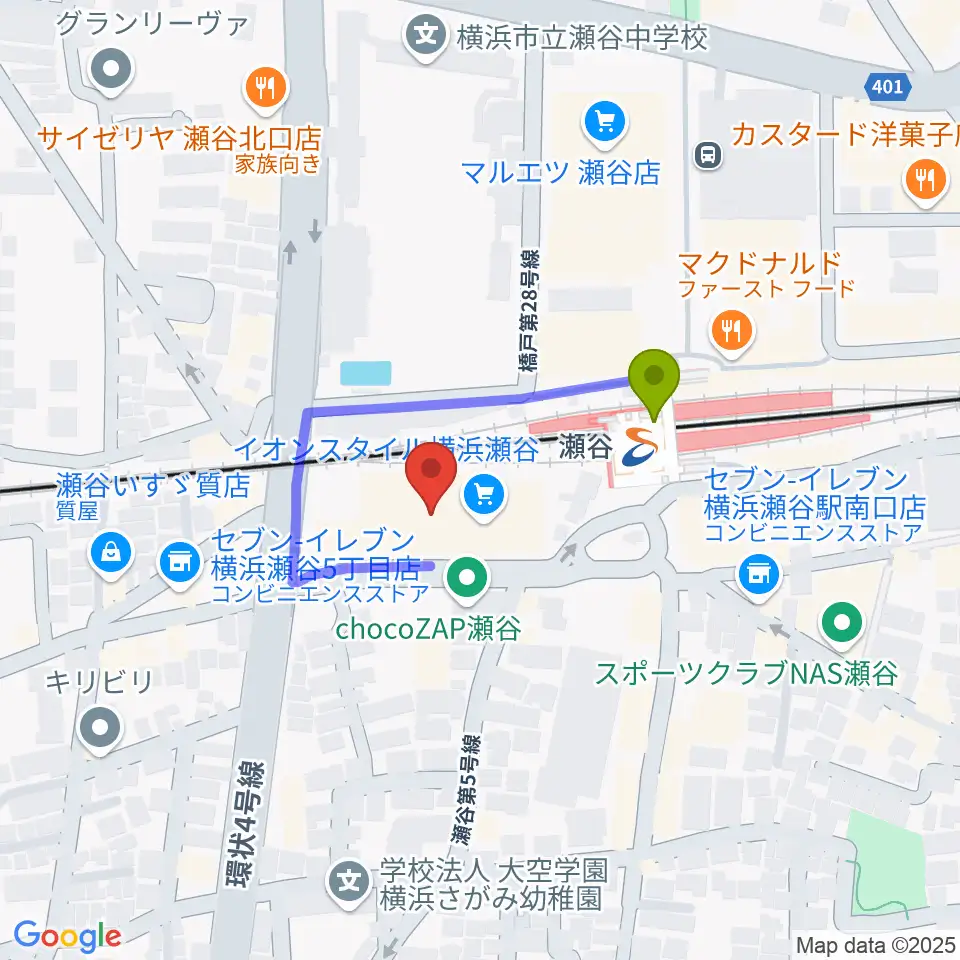 瀬谷区民文化センターあじさいプラザの最寄駅瀬谷駅からの徒歩ルート（約2分）地図