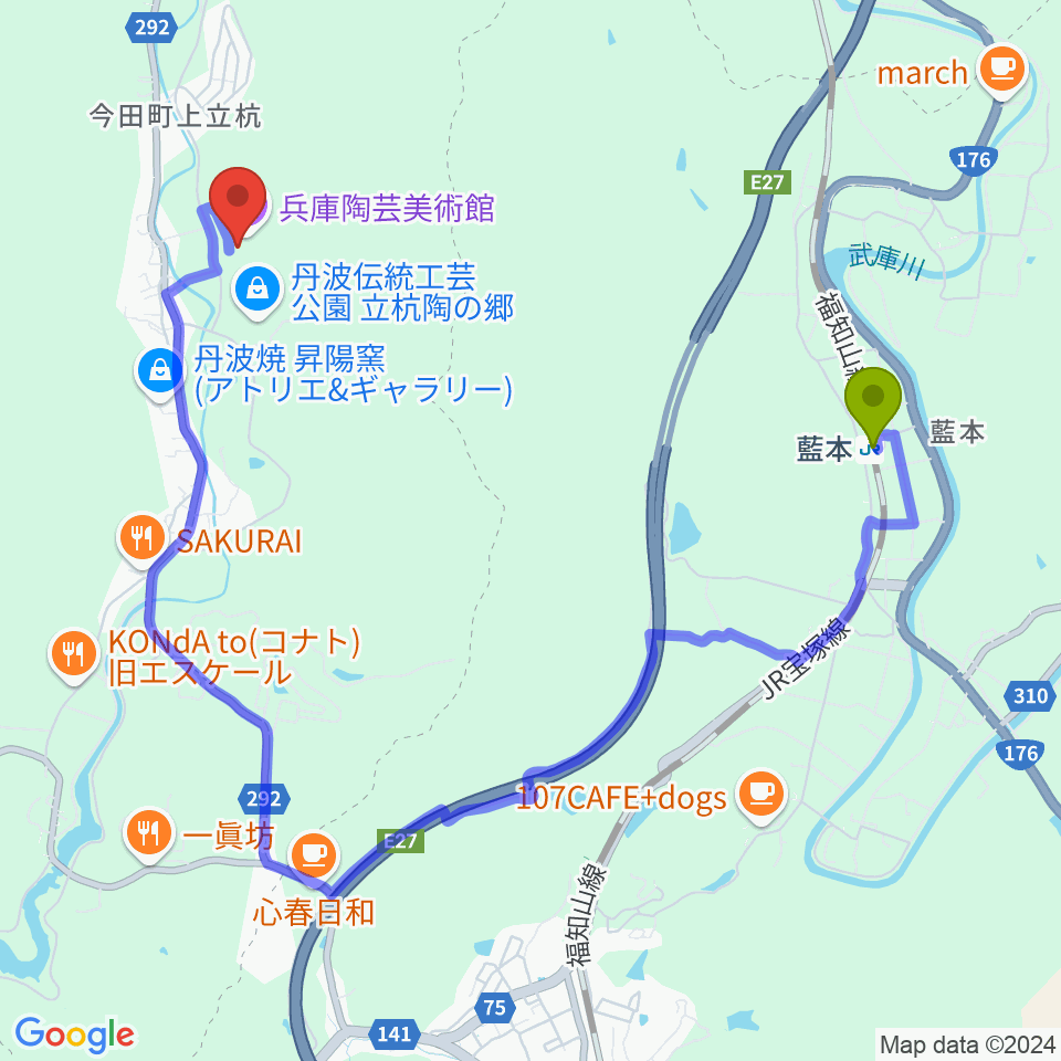 兵庫陶芸美術館の最寄駅藍本駅からの徒歩ルート（約39分）地図