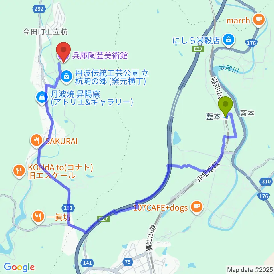兵庫陶芸美術館の最寄駅藍本駅からの徒歩ルート（約39分）地図