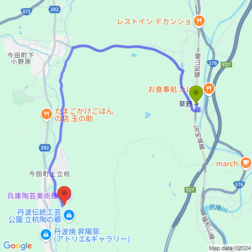 草野駅から兵庫陶芸美術館へのルートマップ地図