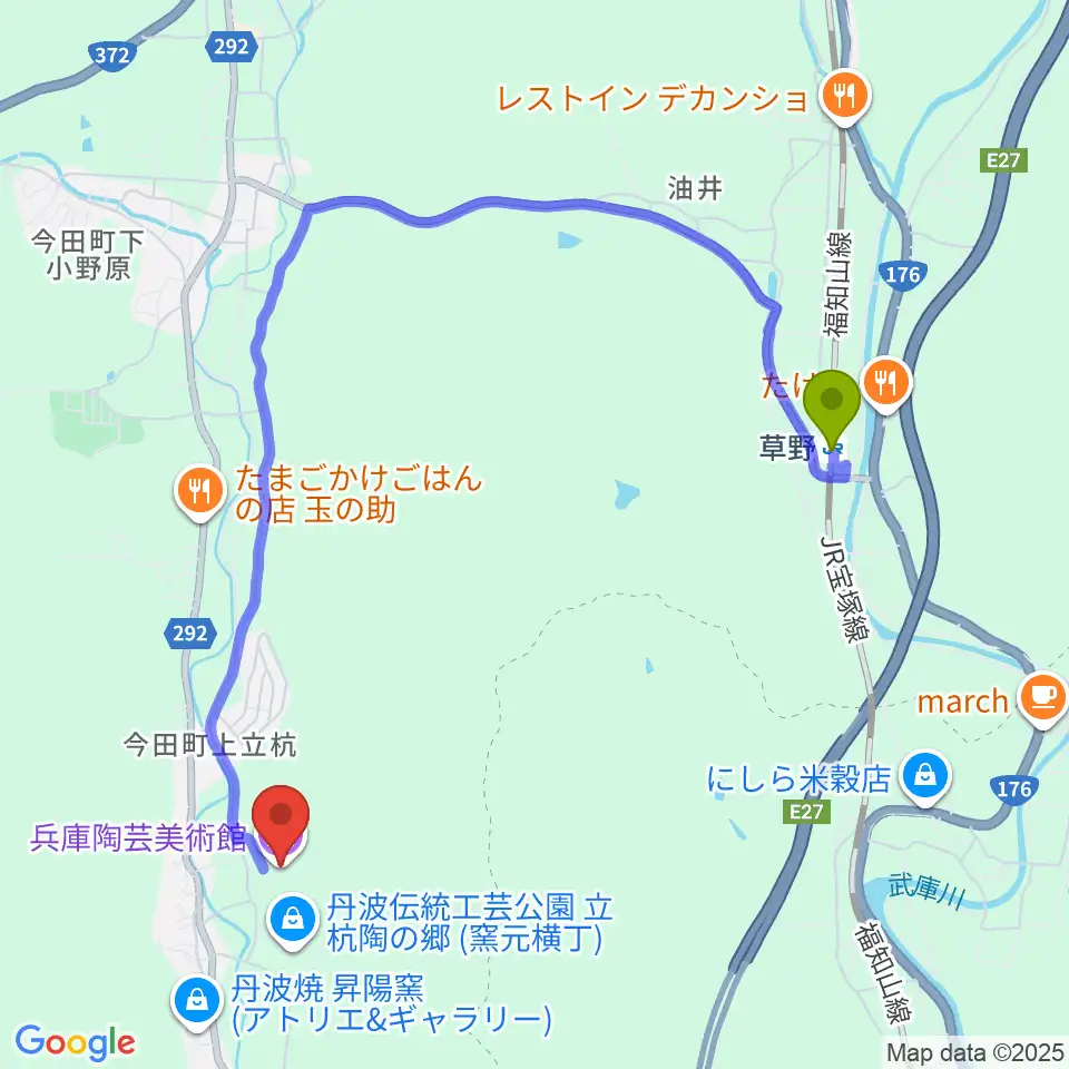 草野駅から兵庫陶芸美術館へのルートマップ地図