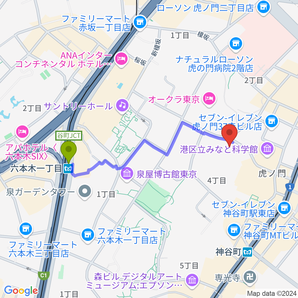 六本木一丁目駅から菊池寛実記念 智美術館へのルートマップ地図