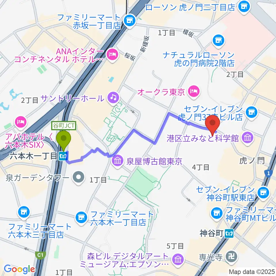 六本木一丁目駅から菊池寛実記念 智美術館へのルートマップ地図