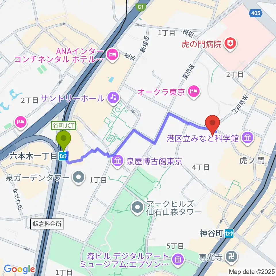 六本木一丁目駅から菊池寛実記念 智美術館へのルートマップ地図