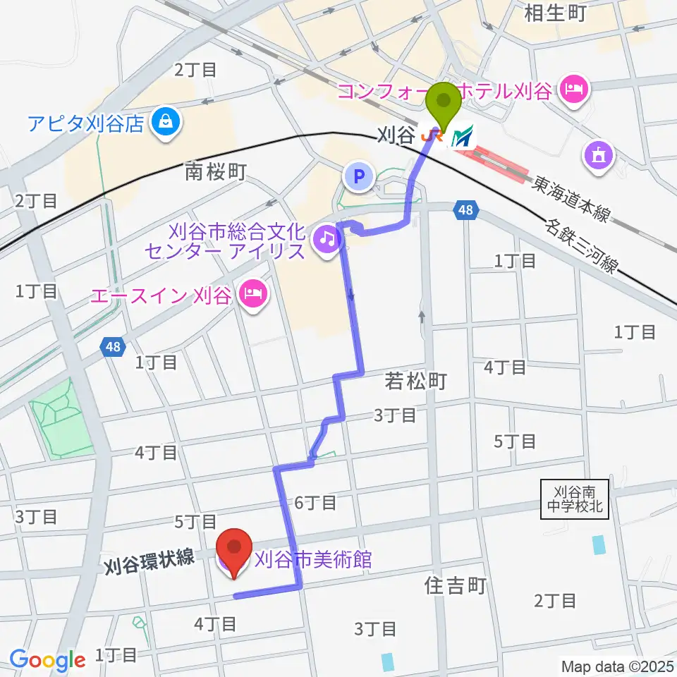 刈谷市美術館の最寄駅刈谷駅からの徒歩ルート（約11分）地図