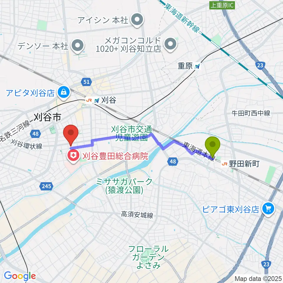 野田新町駅から刈谷市美術館へのルートマップ地図
