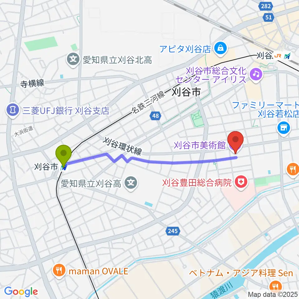 刈谷市駅から刈谷市美術館へのルートマップ地図