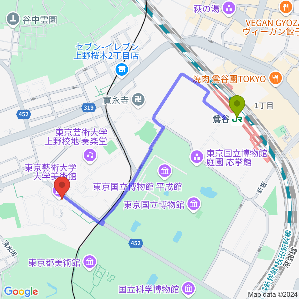 東京藝術大学大学美術館の最寄駅鶯谷駅からの徒歩ルート（約10分）地図