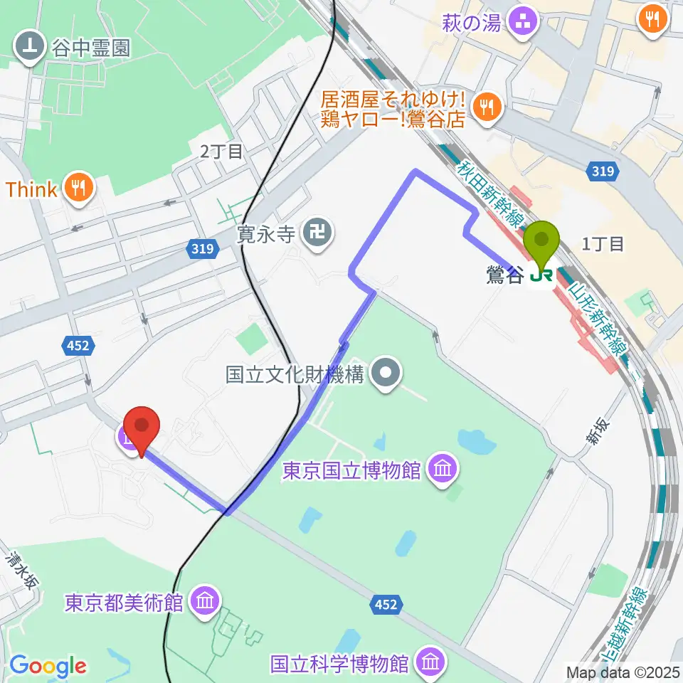 東京藝術大学大学美術館の最寄駅鶯谷駅からの徒歩ルート（約10分）地図