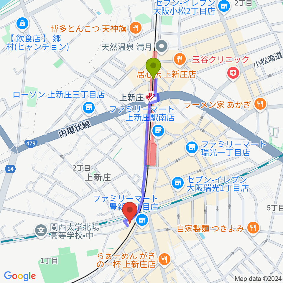 上新庄スタジオテンダーの最寄駅上新庄駅からの徒歩ルート（約8分）地図