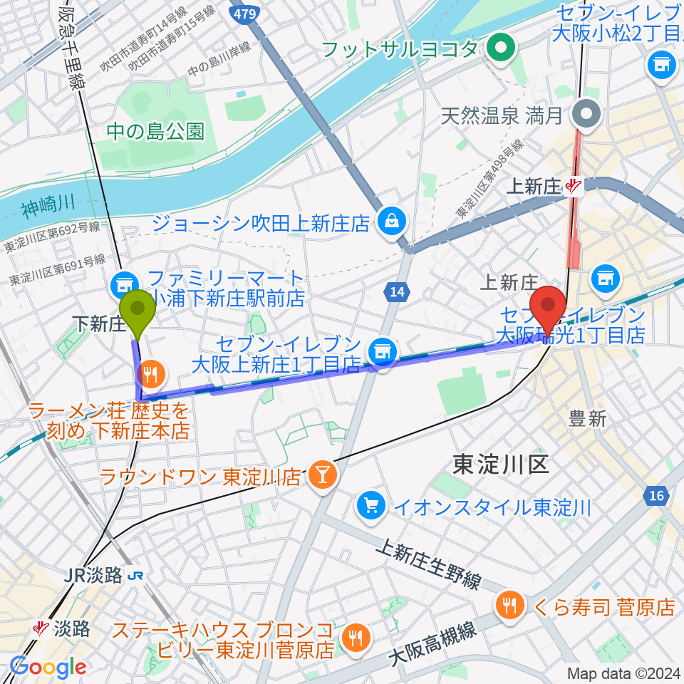 下新庄駅から上新庄スタジオテンダーへのルートマップ地図