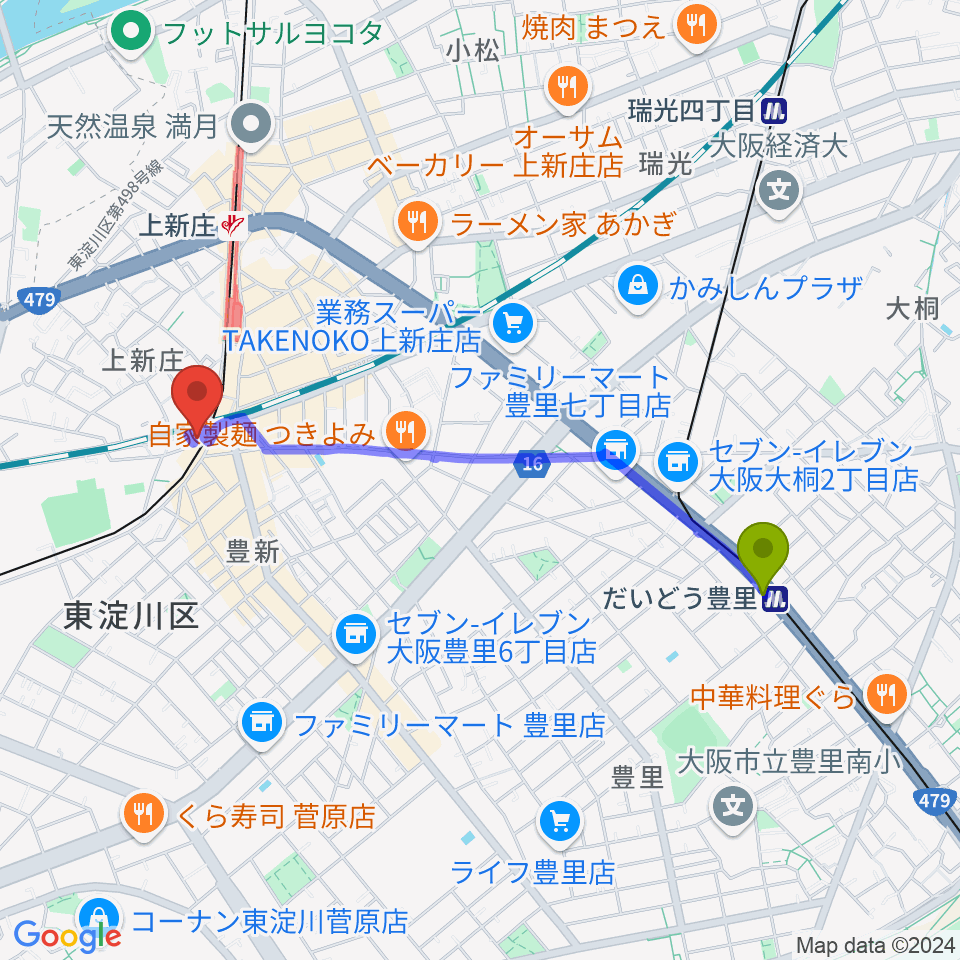 だいどう豊里駅から上新庄スタジオテンダーへのルートマップ地図