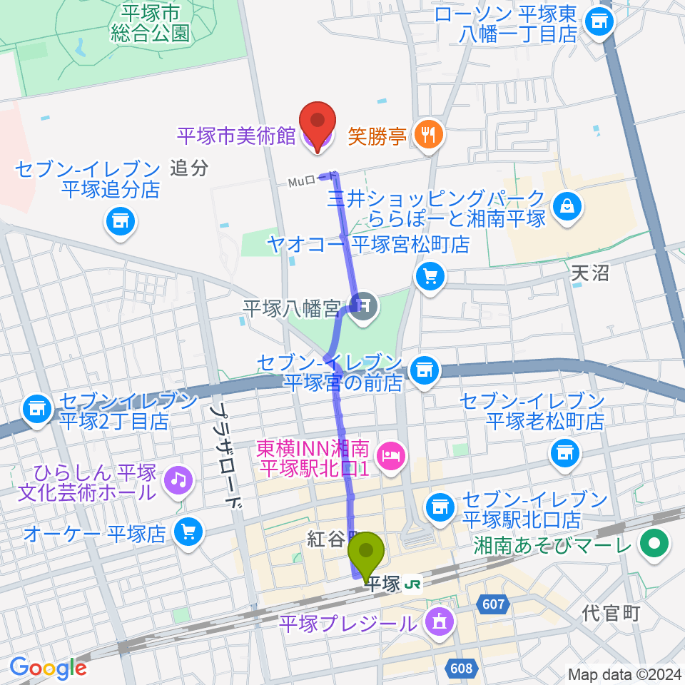 平塚市美術館の最寄駅平塚駅からの徒歩ルート（約20分）地図