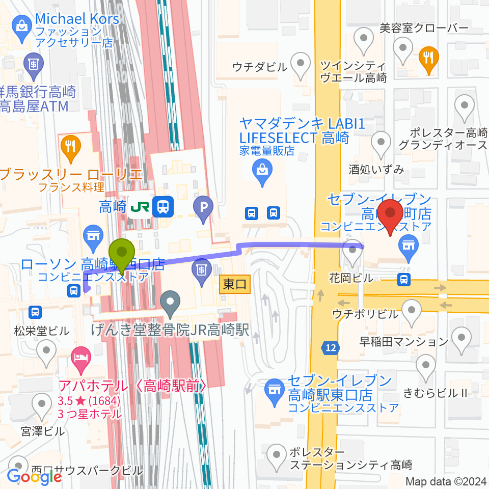 高崎市タワー美術館の最寄駅高崎駅からの徒歩ルート（約4分）地図