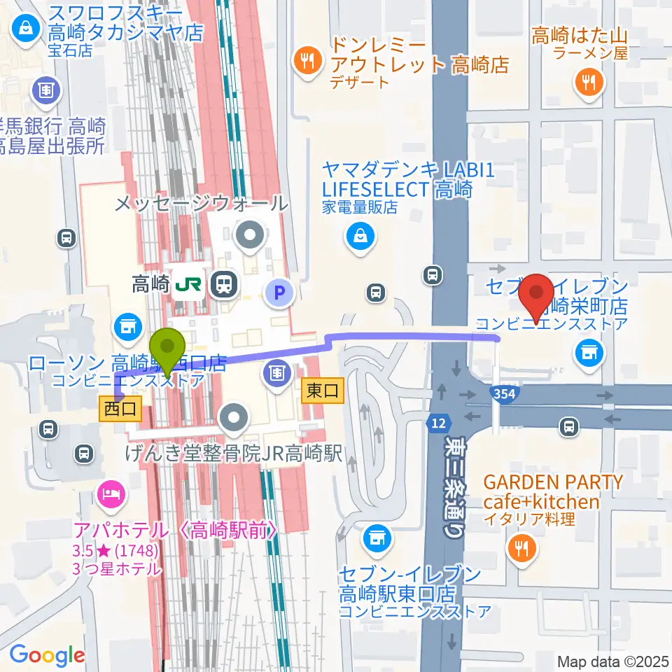 高崎市タワー美術館の最寄駅高崎駅からの徒歩ルート（約4分）地図