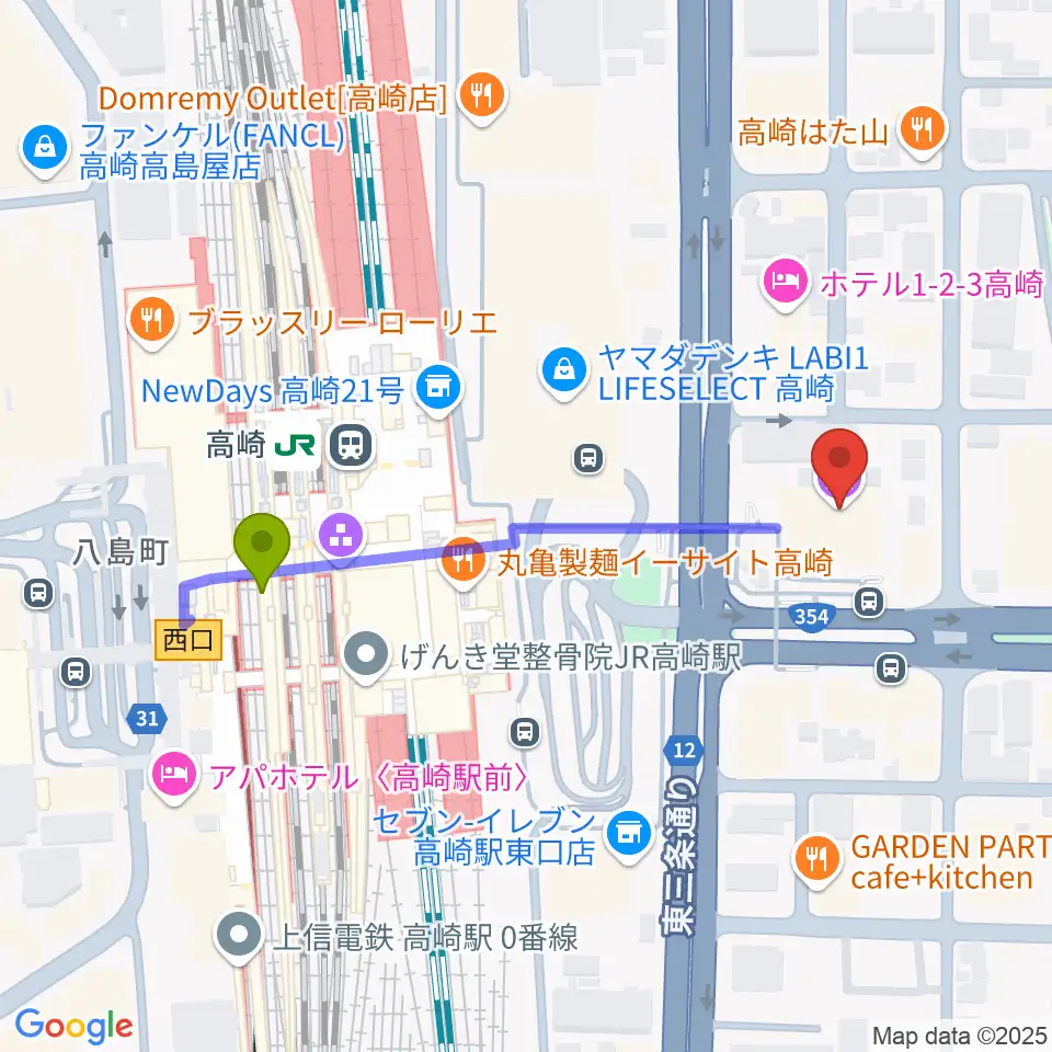 高崎市タワー美術館の最寄駅高崎駅からの徒歩ルート（約4分）地図