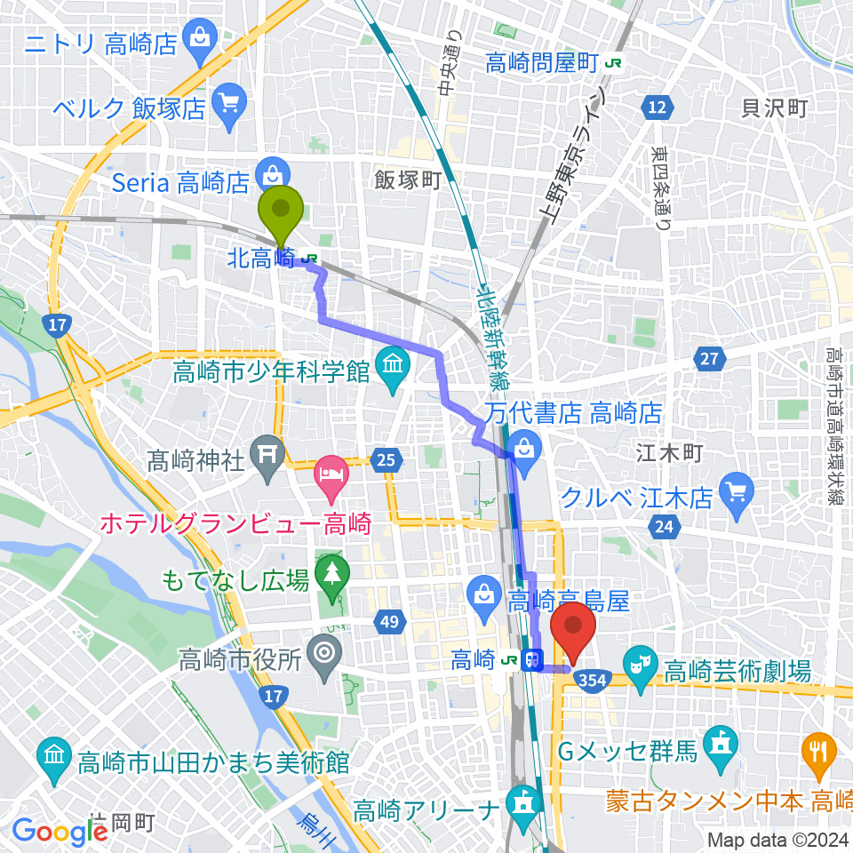 北高崎駅から高崎市タワー美術館へのルートマップ地図