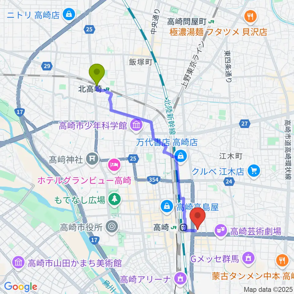 北高崎駅から高崎市タワー美術館へのルートマップ地図