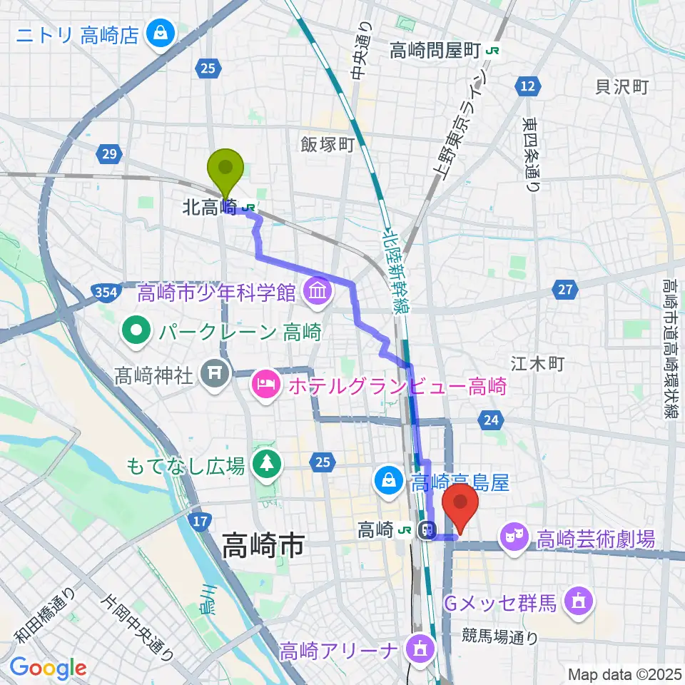 北高崎駅から高崎市タワー美術館へのルートマップ地図