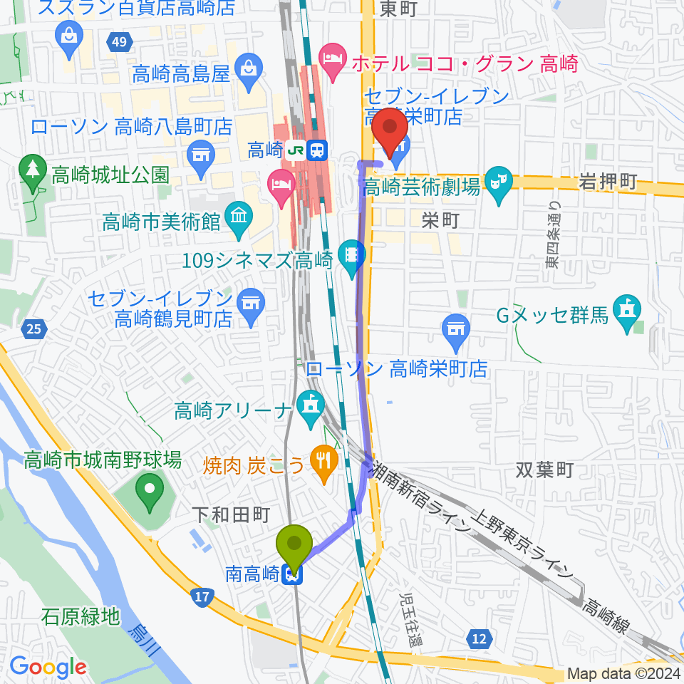 南高崎駅から高崎市タワー美術館へのルートマップ地図