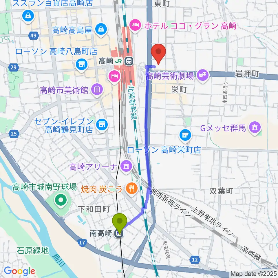 南高崎駅から高崎市タワー美術館へのルートマップ地図