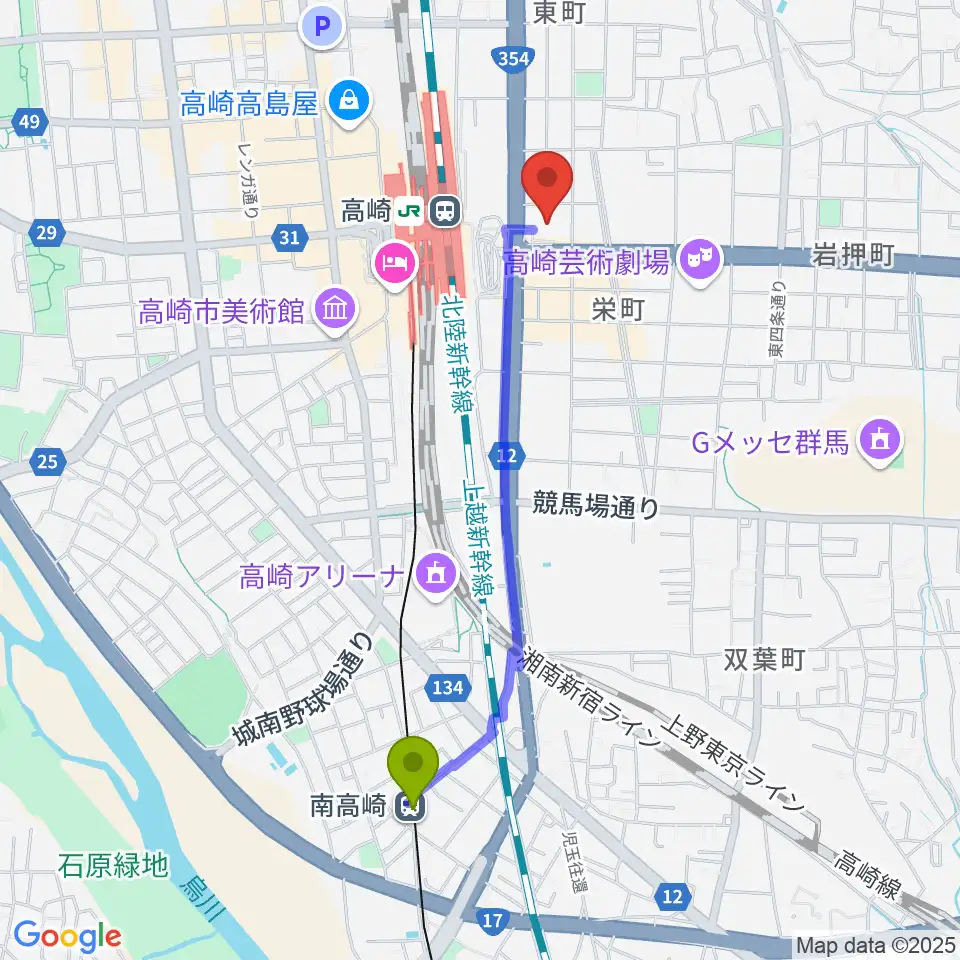 南高崎駅から高崎市タワー美術館へのルートマップ地図
