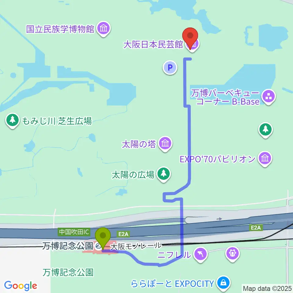 万博記念公園駅から大阪日本民芸館へのルートマップ地図