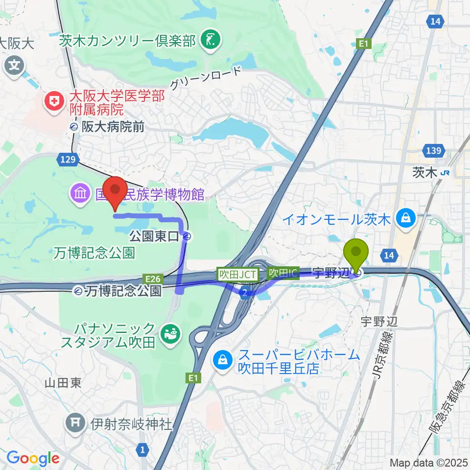 宇野辺駅から大阪日本民芸館へのルートマップ地図